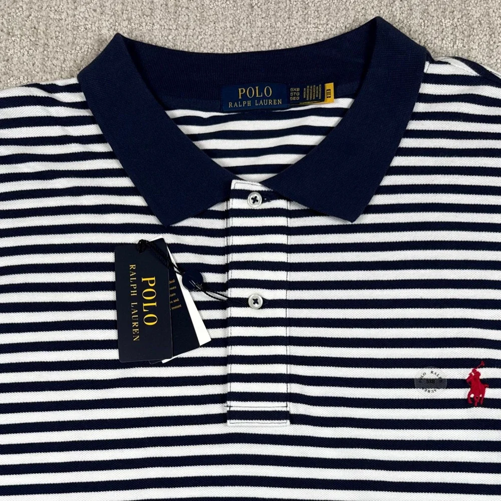 NEW Polo Ralph Lauren Mens 5XB White Navy Striped Short Sleeve Polo Shirt